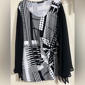 Miraclesuit White Fabric with Black text Tie top with flowing sheer sleeves